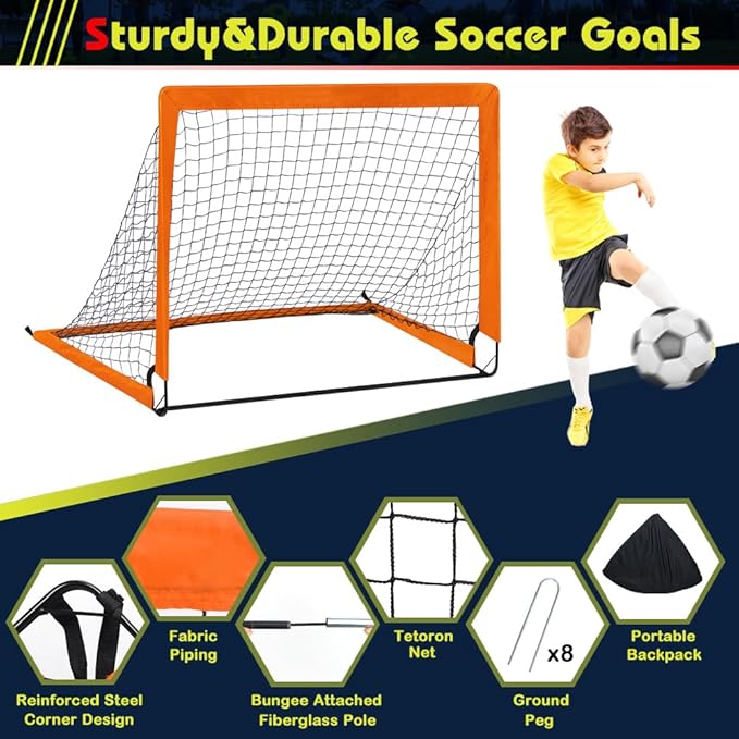 Kids Soccer Goals for Backyard Set, 2 Set of 4X3 ft Portable Toddler Pop Up Soccer Net Training Equipment with Soccer Ball, Agility Ladder and Cones for Outdoor Sports Games