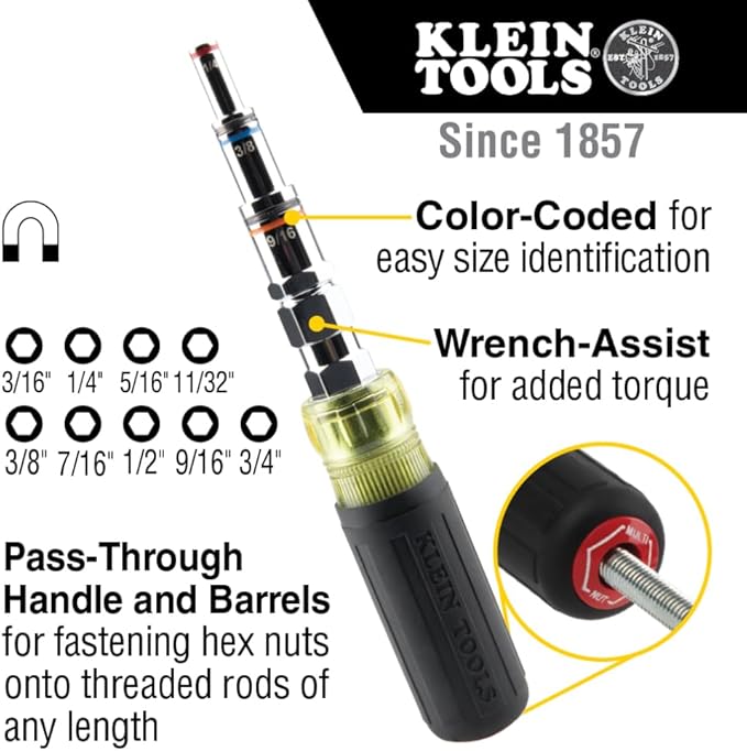 Klein Tools 32809MAG 9-in-1 Multi-Nut Driver Tool, Magnetic SAE Pass Through Driver with Hex Nut Sizes 3/16 to 3/4-Inch