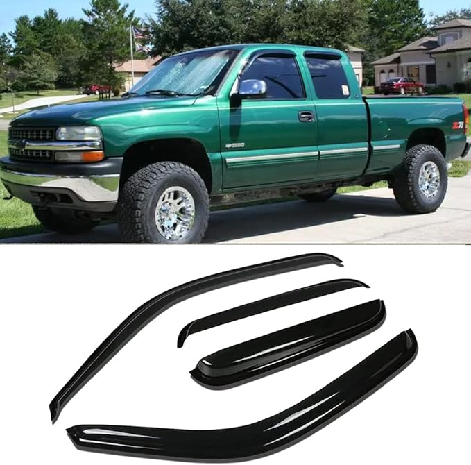 Side Window Wind Deflector,4pc Outside Tape-On Rain Guards Set, Window Visor fit for 1999-2006 Chevy Silverado&GMC Sierra 1500/2500/3500/2500HD and 2007 HD Classic Extended Cab 94044