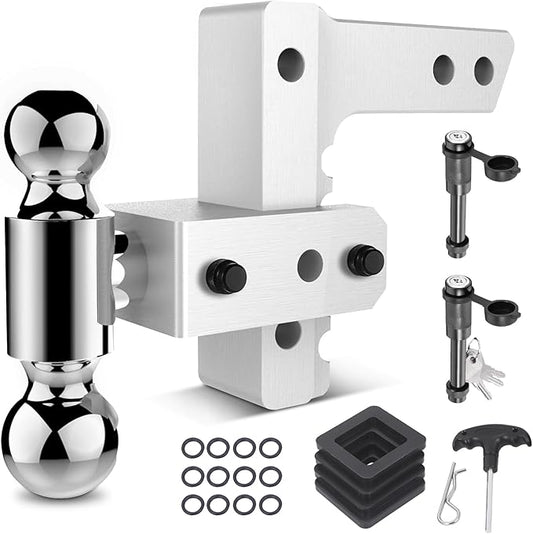Adjustable Trailer Hitch for 2” Receiver, 12500 LBS GTW Aluminum - 6” Drop/Rise with 2-inch and 2-5/16 inch Dual Ball, Silver w/Anti-Theft Lock & Tow Hitch Tightener