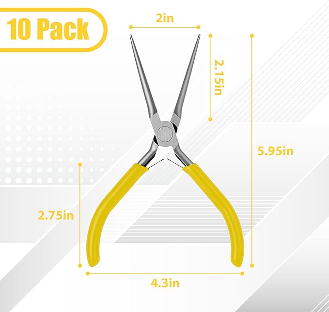 10 Pack Mini Needle Nose Pliers Bulk, 6 Inch Precision Pliers Set with Extra Long Tips for Jewelry Making, Wire Wrapping, Small Object Gripping, DIY Project(Yellow)