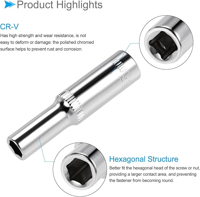 6-Point Socket, 1/4" Drive 5mm Deep, Polished Chromed CR-V Metric Deep and Shallow Impact Socket - (Applications: for Ratchet Torque Electric Wrenches Car Repair), 2-Pieces