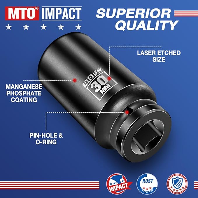 MTO 1/2" Drive 30mm Deep Impact Socket, 6 Pt. Metric Socket, CR-MO Steel & Anti-Corrosion Coating for Heavy-Duty Use