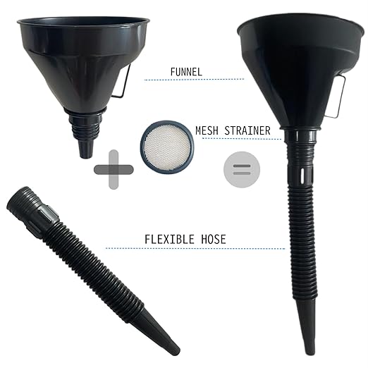 5 Pcs Plastic Oil Funnels for Automotive Use Set, Large Flexible Fuel Funnel, Wide Mouth Fuel Funnels with Detachable Spout and Filter for Water, Gasoline, Coolant, Engine Oil Transfer