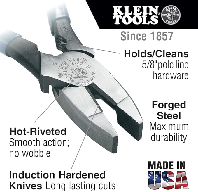 Klein Tools D2000-9NETH Lineman's Bolt-Thread Holding Pliers, Made in USA, High-Leverage Streamline Design with Rounded Nose and Knurled Jaw, 9-Inch