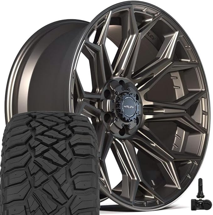 4PLAY Wheels 4P83 22 Inch Rims and Tires Fit 6x135 & 6x139.7 22x10 Satin Bronze - TerraMax RT 33x12.50/22 (Set of 4)