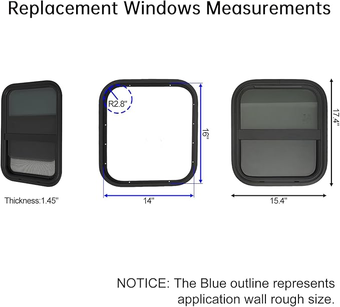 14" W x 16" H RV Window Vertical Sliding, DOT Certified - Shatterproof Tempered Tinted Glass, with Net Screen and Trim Ring, Teardrop Replacement Trailer Camper Window