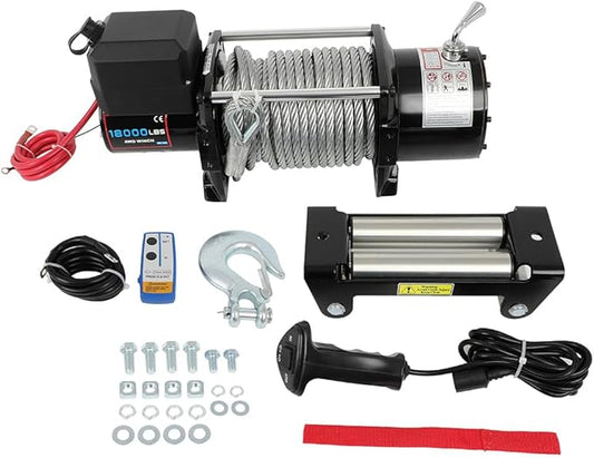18000LBS Electric Winch, 18000lbs 12V Winch Steel Cable Winch, 18000LBS Winch ATV UTV Truck Winch, with Wireless and Hand Remote Controller, Control Box Assembly,4 Way Roller Fairlead,Hook