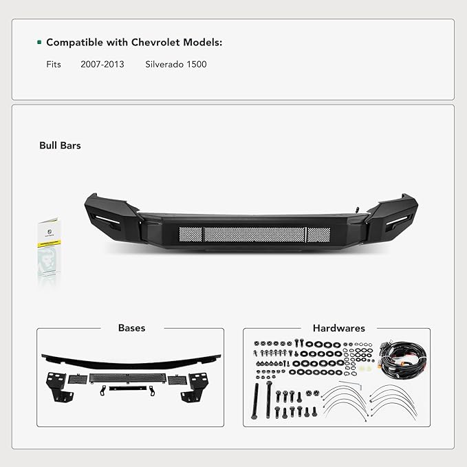 YHTAUTO Bull Bar Push Bar with Skid Plate Light Mount Fit Chevrolet Models, Silverado 1500 2007-2013, Heavy Duty Steel Brush Guard for Truck Front Bumper Textured Black Off Road Accessories