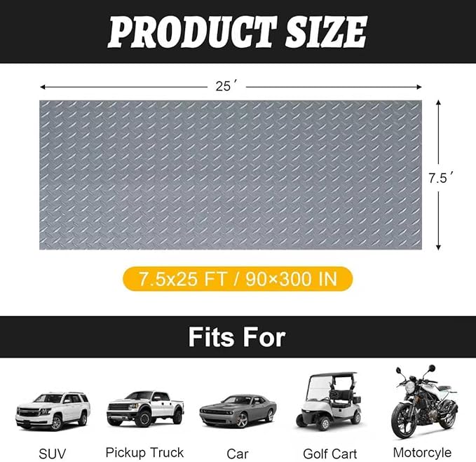 7.5x25 FT Garage Floor Mat, 2.8mm Thickened Flooring Roll for Under Car with 20Pcs Tapes, 188SQFT Diamond Plate Non-Slip Floor Protector Mat for Garage, Warehouse, Gyms, Trailer(Grey)