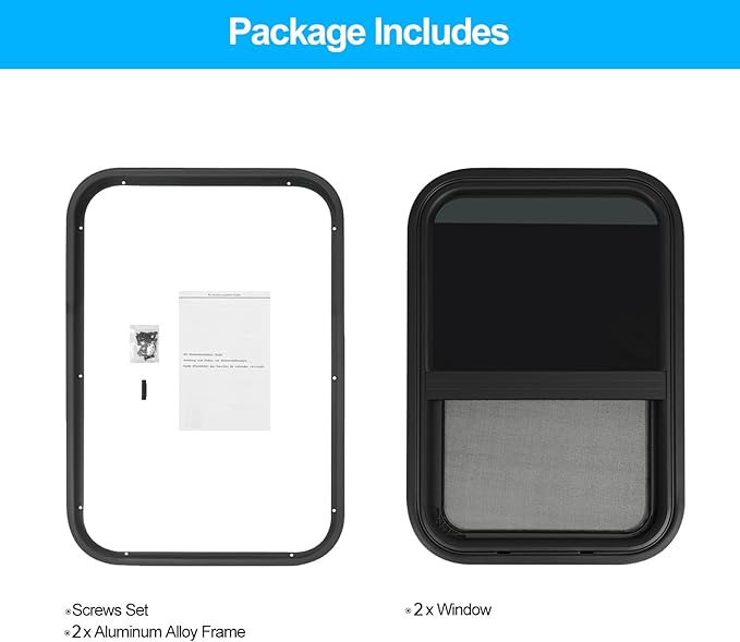 2 Pack 15" W x 22" H RV Window Vertical Sliding, DOT Certified - Shatterproof Tempered Tinted Glass, with Net Screen and Trim Ring, Teardrop Replacement Trailer Camper Window