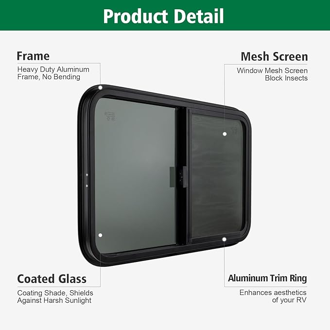 Dulepax Horizontal RV Window, 24" W x 24" H Tinted Slide Trailer Window, Tempered Glass Camper Window Replacement with Net Screen and Trim Ring, DOT Approved