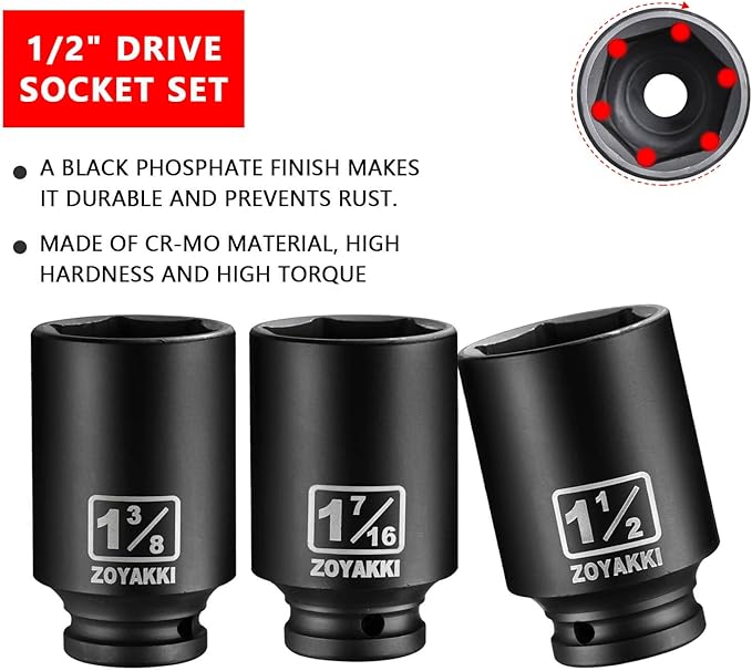 1/2" Drive Deep 6-Point Impact Socket Set,7 PCS Standard SAE (1-3/4 to 1-3/8inch) Spindle Axle Nut Impact Socket Set,Cr-Mo Alloy Steel for Auto Repair, Storage Case