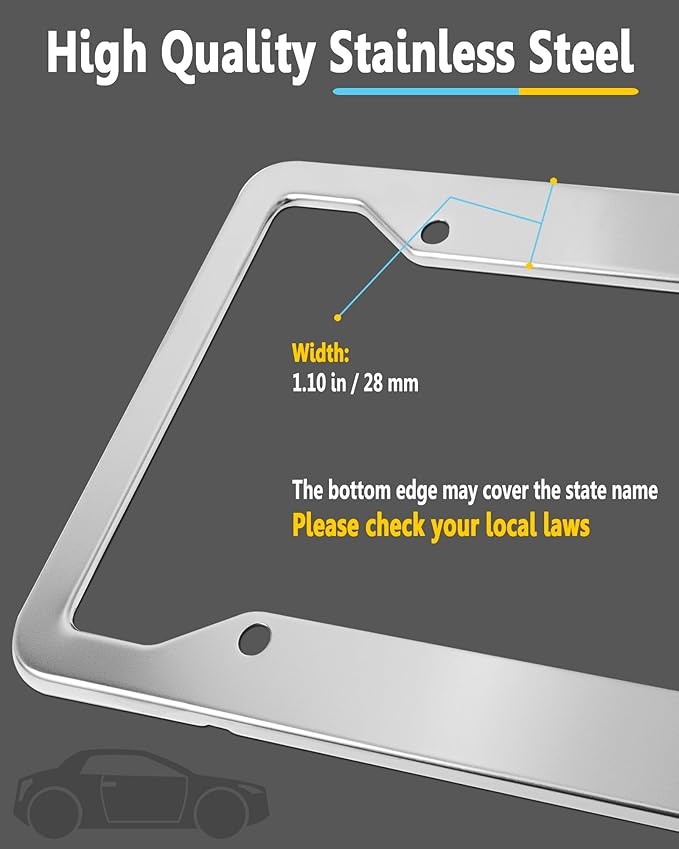Stainless Steel License Plate Frames- 2 Pack Mirror Polished Front & Rear Auto Car Tag Holder, Heavy Duty Chrome Bracket with Mount Hardware, Screws Caps