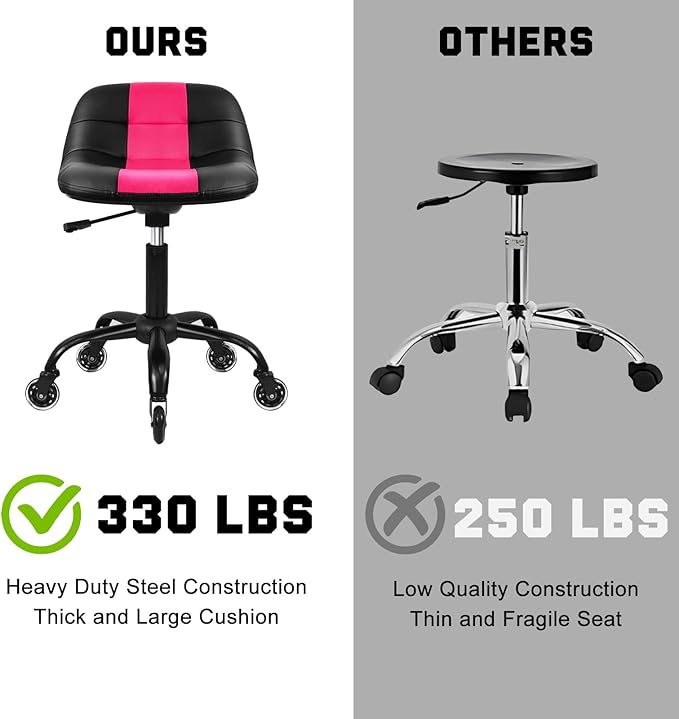 Rolling Shop Stool with Wheels, Rolling Stool with Back Support, 360° Swive Garage Chair, Height Adjustable Chair 330lb Heavy Duty for Spa Salon Massage Home Office Tattoo (Pink)