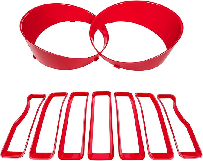 Front Grille Mesh Inserts & Headlight Cover for Jeep Wrangler JL JLU Sport & Sport S Only 2018-2023 Exterior Accessories Clip-in Grille Guard Cover Headlight Bezels Trim Ring (Red 9PCS)