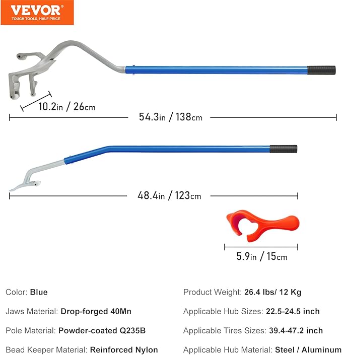 VEVOR Tire Mount Demount Tool 22.5" to 24.5" Tire Changer Steel Bead Breaker Extra Bead Holder Tubeless Truck Manual Tire Changing Tools for Car Repairing(Blue)
