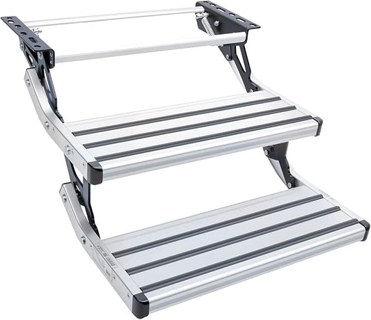 RV Steps, 2-Step, Manual Retractable RV Steps, 400 LBS Load Capacity, Foldable Aluminum Alloy Camper Steps, Thickened Steel Plate Trailer Steps, Non-Slip Design, Ideal for RV, Trailer, Camper