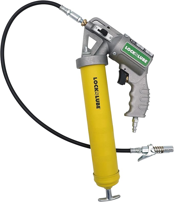 LockNLube 2-in-1 Pneumatic Grease Gun with Single Shot & Continuous Modes. Single-Shot and Continuous delivery Modes in one Grease Gun! Easily Switch delivery Mode with The Sliding Selection Lever.