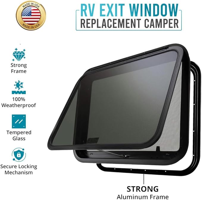 PRO FLEX RV Emergency Exit Window 30” W X 22” H–Heavy Duty Ultra Thick Tempered Glass, RV Camper Window Replacement with Trim Kit for 1-3/4’’ Wall Thickness– Easy Installation, DOT Certified