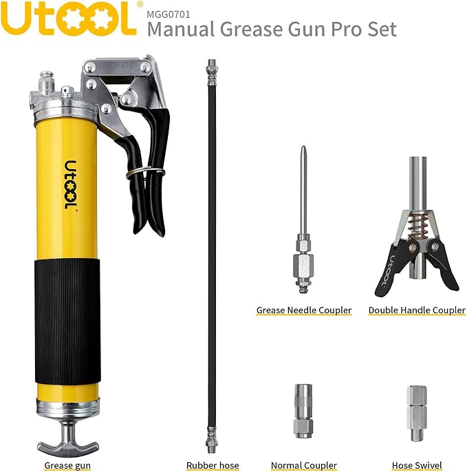 UTOOL Grease Gun, 8000 PSI Heavy Duty Pistol Grip Grease Gun Kit, 14 oz Capacity, 20 Inch Rubber Flex Hose, 1 Patented Double Handle Coupler, 1 Basic Coupler, 1 Needle Nozzle, 1 Hose Swivel