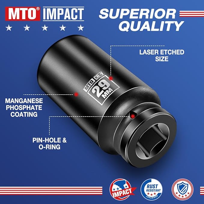 MTO 1/2" Drive 29mm Deep Impact Socket, 6-Point Metric Socket for Automotive Maintaince, CR-V Steel Meets ANSI Standards