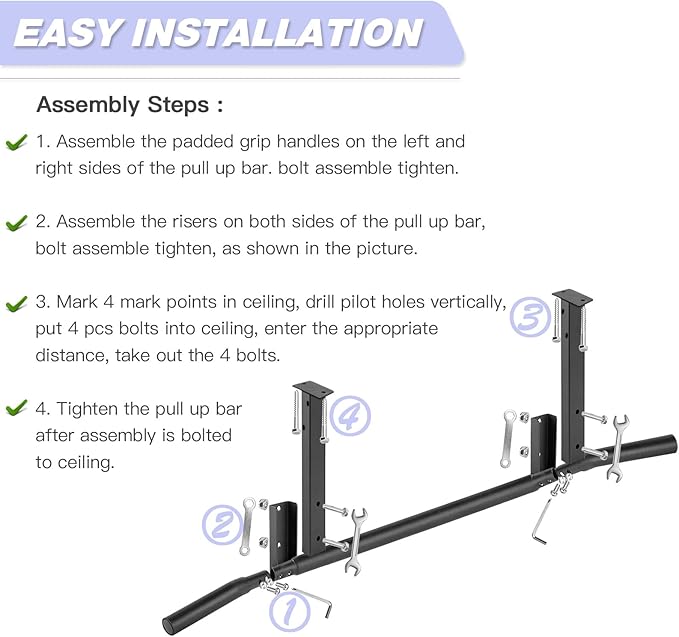 ATENTO Pull Up Bar, Chin Up Bars Ceiling Mount, Workout for Home Gym, Beam, Crossfit - Heavy-Duty, Foam Grip, Easy installation
