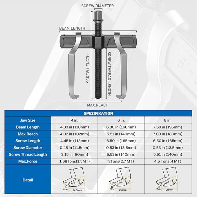 XIIW 2 Jaw Gear Puller Set, 4'' 6'' 8'' CR-V Steel Bearing Puller Gears Tool Adjustable, 2 Claws Puller Kit for Removal of Pulley Flywheel Bearings Gears