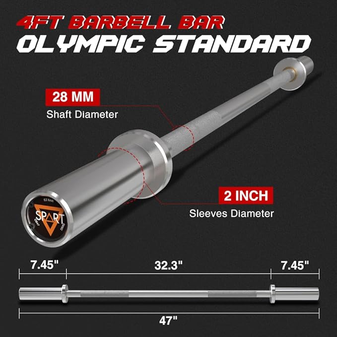4FT Olympic Barbell Bar, 47Inch Straight Weight Bar with 2 Collars, Solid Olympic Bar with Bearings, 500Lbs Capacity Weightlifting Bar for Home Gym Strength Training, Suitable for 2 Inch Plates