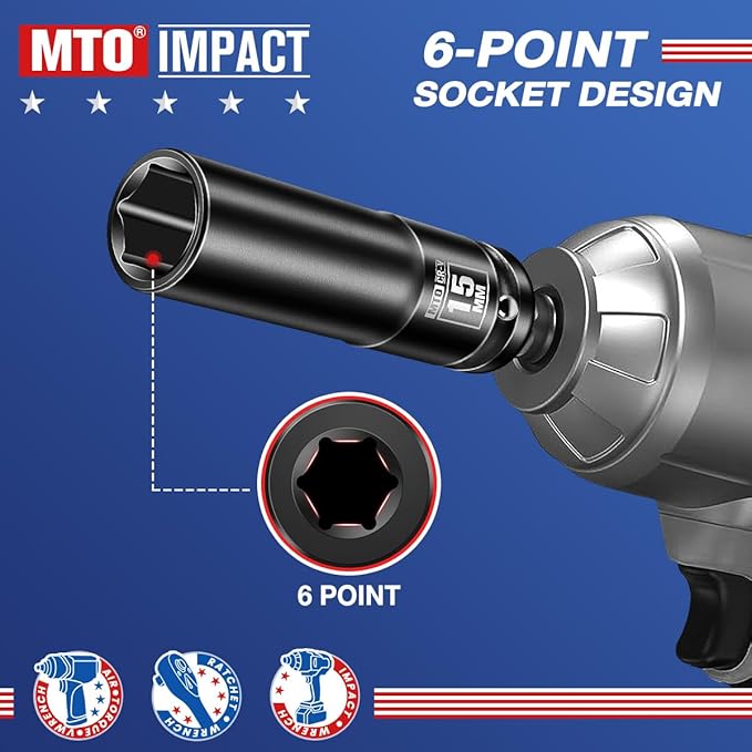 MTO 1/2" Drive 15mm Deep Impact Socket, 6-Point Metric Socket for Automotive Maintaince, CR-V Steel Meets ANSI Standards