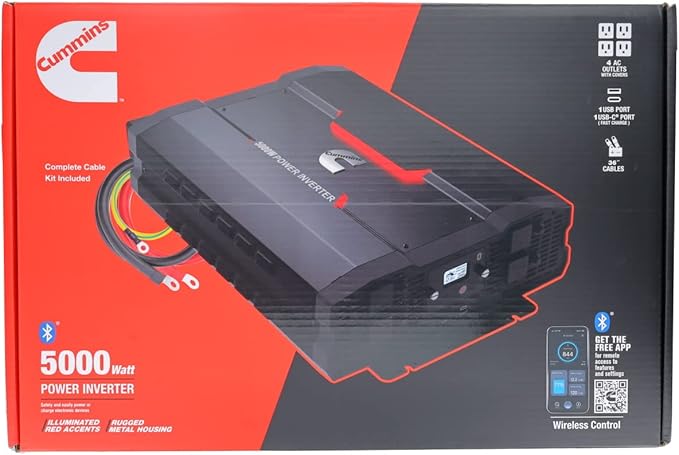Cummins 5000 Watts Inverter Modified Sine Wave Truck Inverter 12 Volts to 110 Volts Four AC Outlets Two USB Ports (Plus Cable Kit)- CMN5000W - Inverters for Vehicles, Van Life, Camping