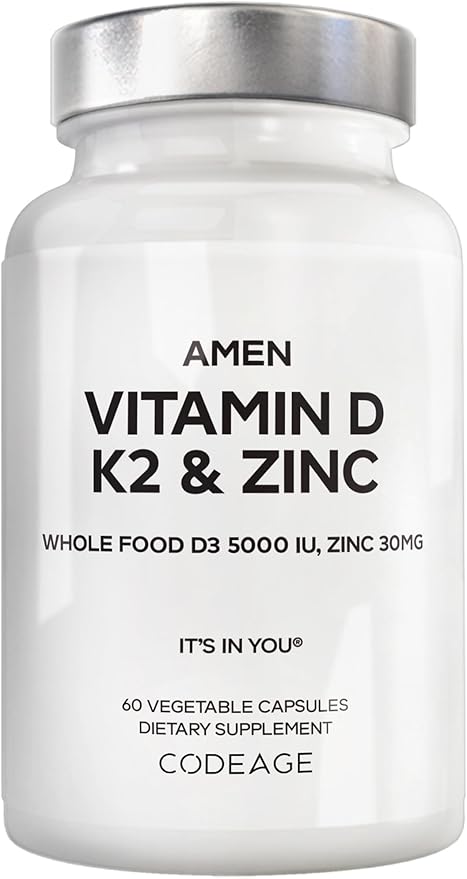 Amen Vitamin D, K2 & Zinc, Cholecalciferol D3 5000 IU, Organic Whole Food Blend with Apple, Blueberry, Cranberry, Elderberry Powder Fruits, Vegan Supplement, D3 K2 Vitamins, Non-GMO - 60 Capsules