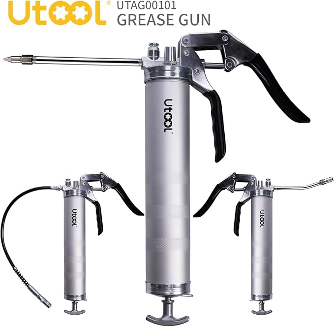 UTOOL Grease Gun, 8000 PSI Heavy Duty Pistol Grip Grease Gun Kit with 14 oz Capacity, 18 Inch Resin Flex Hose, 2 Basic Coupler, 2 Extension Rigid Pipe and 1 Sharp Type Nozzle, Silver