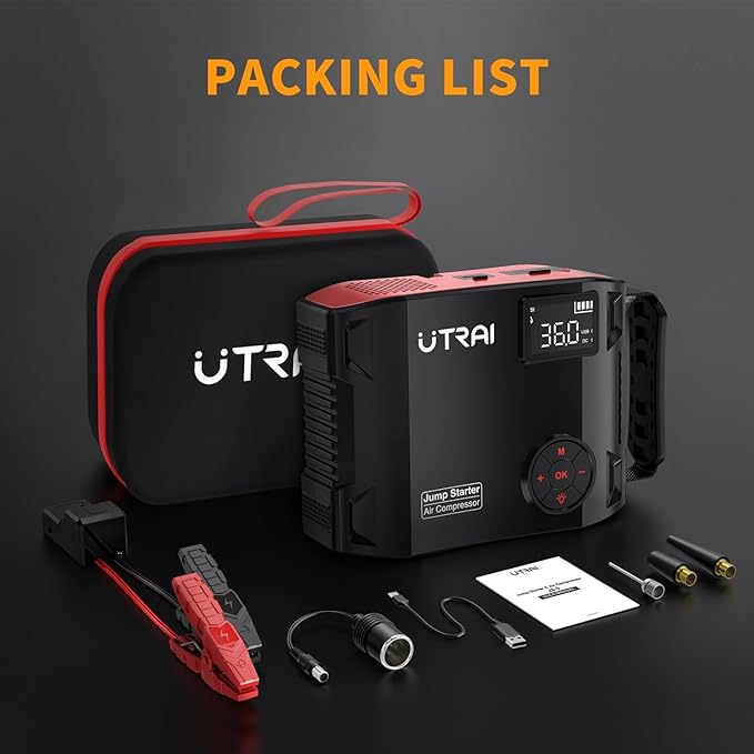 UTRAI Jump Starter with Air Compressor, 6000A 27000mAh Car Starter Jump Box with 150PSI Tire Inflator, Portable Jump Pack (All Gas/10L Diesel), DC160W, QC3.0 Jumper Cables, 1600LM Light