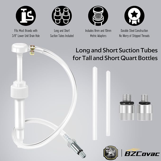 Lower Unit Gear Oil Pump for Standard Quart Bottles - 8cc Pump, 8mm & 10mm Adapters, 3/8" Metal Swivel - Outboard Motors Gear Lube Pump for Mercury, Yamaha, Suzuki, and More