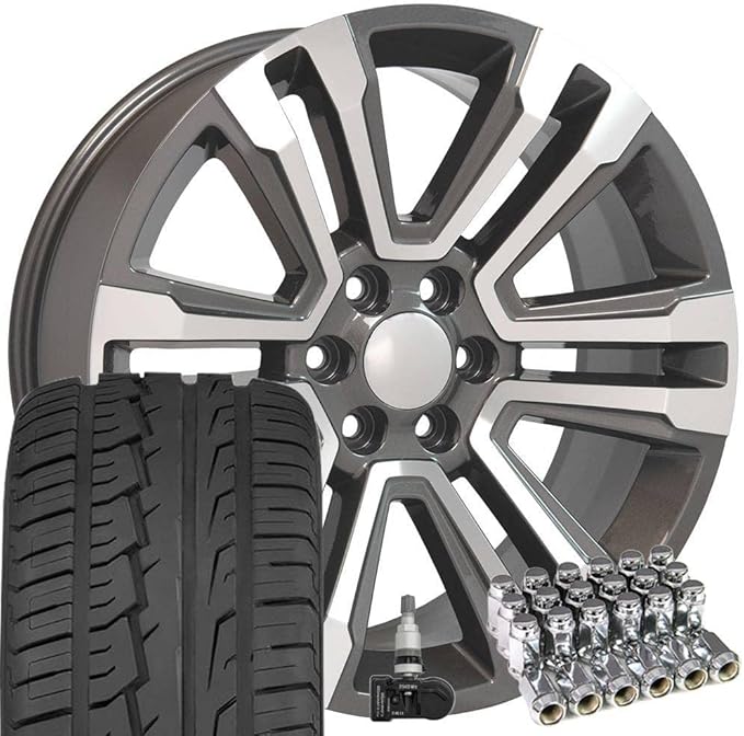 OE Wheels CV44 22 Inch Rims and Tires Fit Yukon Denali Style 6x139.7 22x9 Gloss Gunmetal Machined - Hollander 5822 - iMove Gen 2 SUV 285/45-22 (Set of 4)