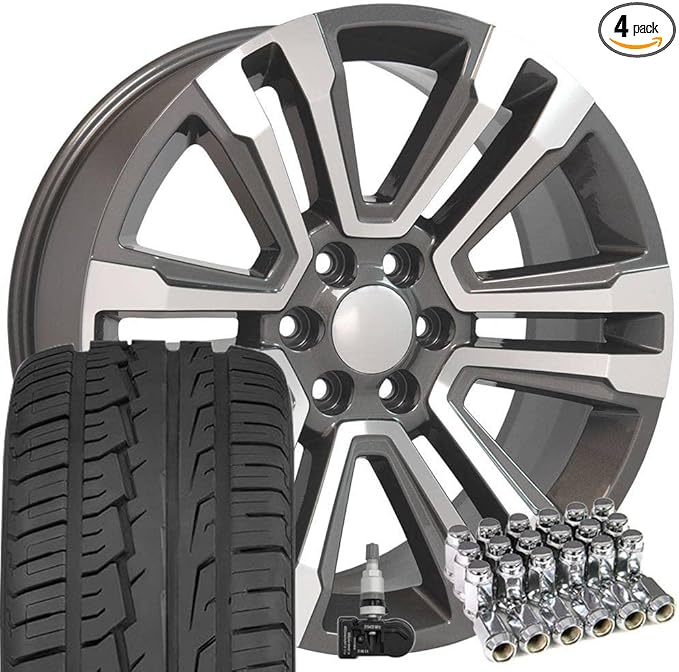 OE Wheels CV44 22 Inch Rims and Tires Fit Yukon Denali Style 6x139.7 22x9 Gloss Gunmetal Machined - Hollander 5822 - iMove Gen 2 SUV 285/45-22 (Set of 4)