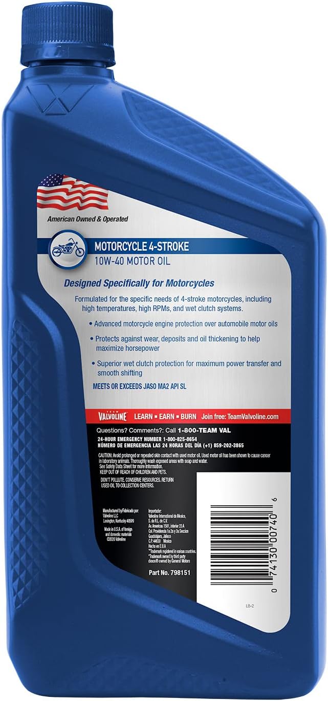 Valvoline 4-Stroke Motorcycle SAE 10W-40 Motor Oil 1 QT, Case of 6 (Pack of 2)