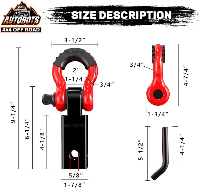 AUTOBOTS Tow Hitch Receiver 2", 45,000 Lbs Break Strength Shackle Hitch Receiver with 5/8" Hitch Pin, 3/4 D Ring Shackle, Towing Accessories for Truck Trailer Recovery Off-Road Red&Black