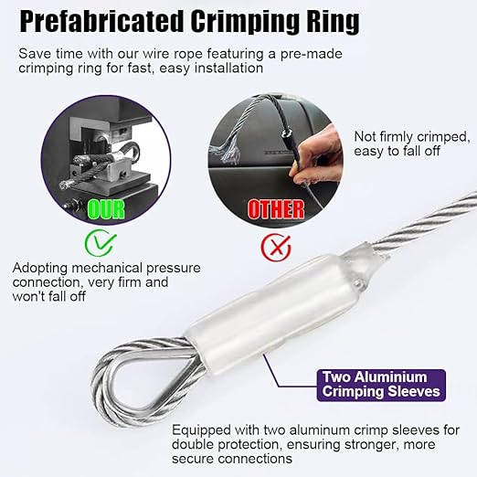 1/4 Stainless Steel Cable, 25ft Wire Rope with Wire Rope Clamps and Thimble, 6400lbs Breaking Strength, 7X19 Strands Aircraft Cable for Yard Zipline, Deck Railing, Boat Lifts