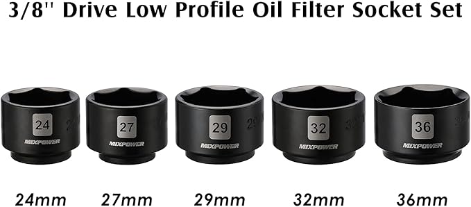 MIXPOWER 5 Pieces 3/8 inch Drive Low Profile Fuel Filter Socket Set, Low Profile Design for Easy Access, Chrome Vanadium Steel for Resist Rust and Corrosion, Low Profile Design for Easy Access