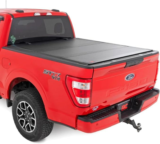 Rough Country Hard Flip-Up Truck Bed Tonneau Cover for Ford F-150 (2015-2020) - Aluminum Tri-Fold Bed Cover