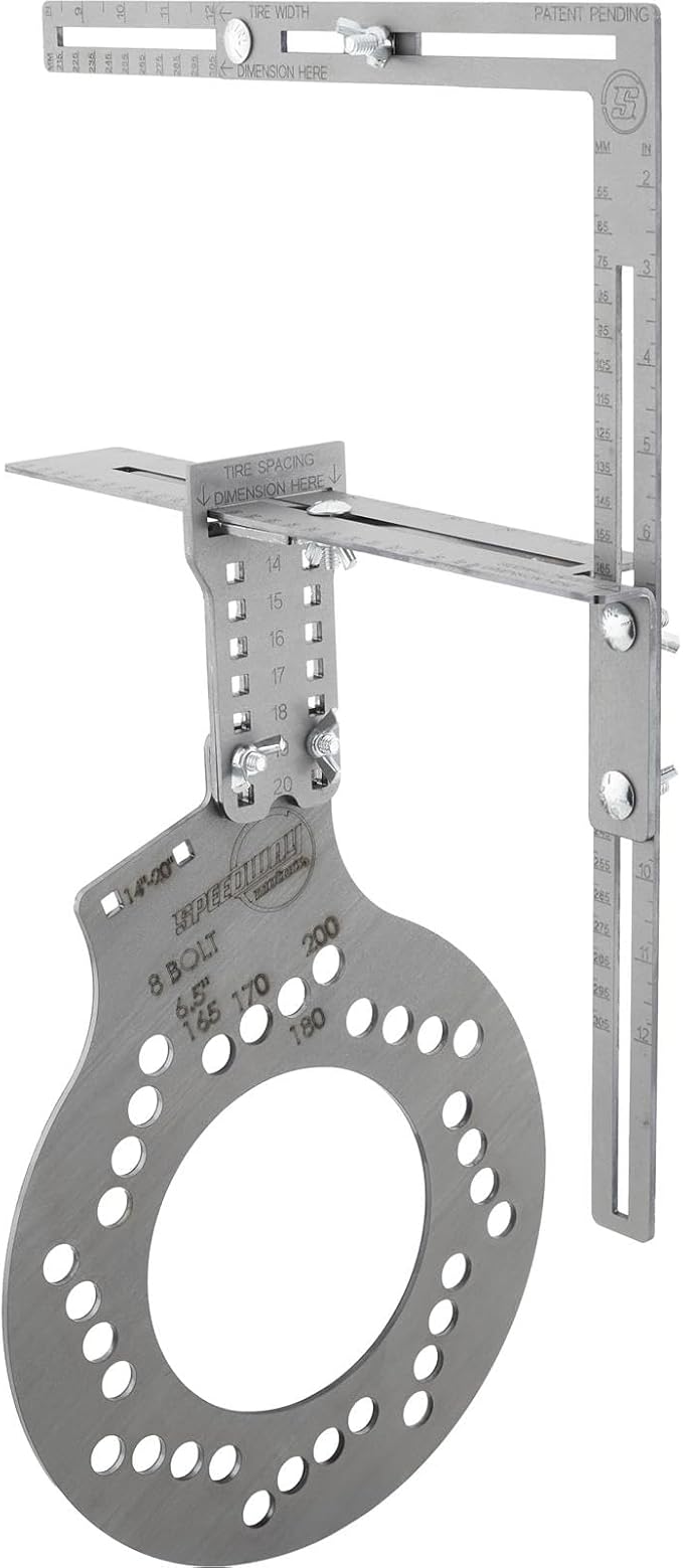Speedway Motors WheelWise™ 8-Lug Wheel Fitment Tool with Tire Size Attachment, Simulates 14-22 Inch Rim Diameter, 8-14 Inch Tire Width, 2.5-11.5 Inch Sidewall, Laser Cut Steel