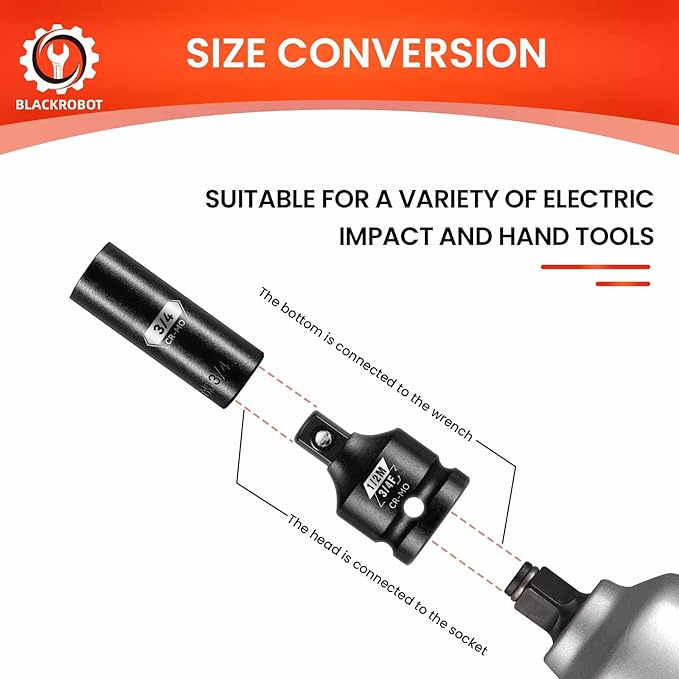 BLACKROBOT 3/4”F To 1/2”M Impact Socket Adapter, Cr-Mo Steel Exceeds ANSI Standards, Square Drive Reducer for Impact Driver Wrench