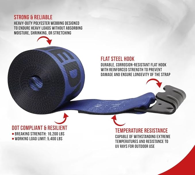 Mytee Products Kinedyne Winch Straps 4" x 30' Blue Heavy Duty Tie Down w/Flat Hooks WLL# 5400 lbs | 4 Inch Cargo Control for Flatbed Truck Utility Trailer (1 Pack)