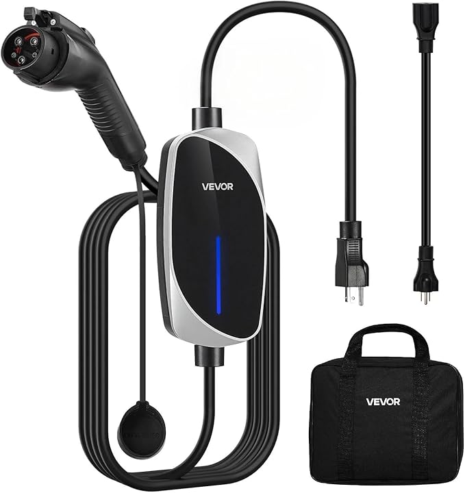VEVOR Level 1&2 EV Charger, 16 Amp, Electric Vehicle Portable Charger with 25 ft Charging Cable, 120V-240V, NEMA 6-20P Plug NEMA 5-15 Adapter, LED Indicator, Home Car Charging Station for SAE J1772 EV