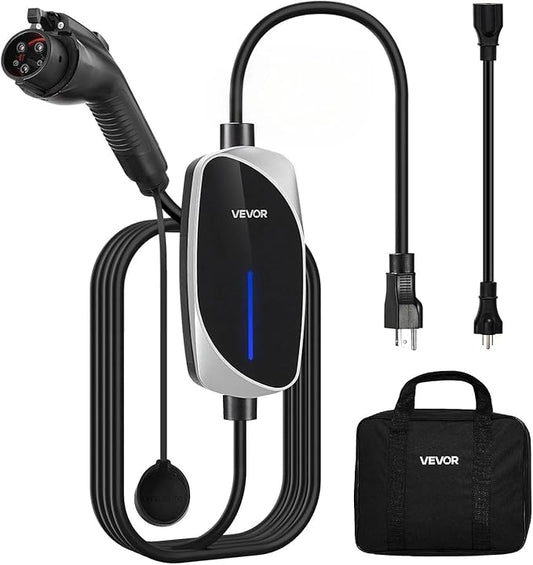 VEVOR Level 1&2 EV Charger, 16 Amp, Electric Vehicle Portable Charger with 25 ft Charging Cable, 120V-240V, NEMA 6-20P Plug NEMA 5-15 Adapter, LED Indicator, Home Car Charging Station for SAE J1772 EV