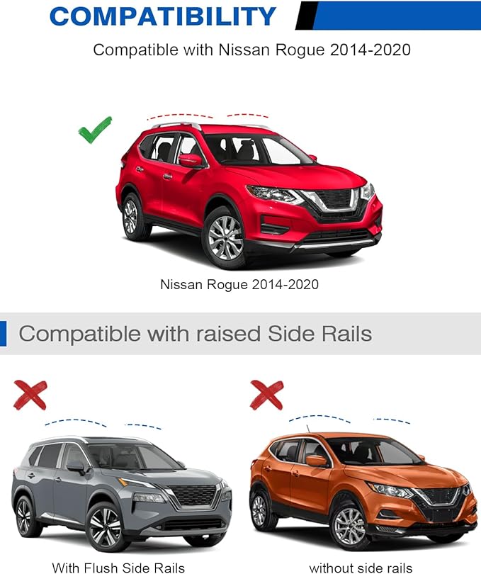 300lbs Roof Rack Cross Bars Compatible with Nissan Rogue 2014-2020 (with Raised Side Rails), Heavy Duty Aluminum Lockable Roof Rails Crossbars Black Rooftop Cargo Carrier Luggage