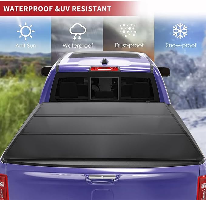 CAREONLINE New Black Hard Tri Fold Style Truck 4.6 Ft Bed Tonneau Cover W/LED Light Fits for 2022-2024 F-o r-d Maverick（OL-KR1013250321）