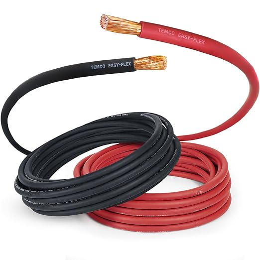 TEMCo 1/0 Gauge AWG 25 Ft Black + 25 Ft Red Flexible Pure Copper Made in USA Welding Cable Battery Wire - Heavy Duty Solar, Inverter, Car, RV, Truck